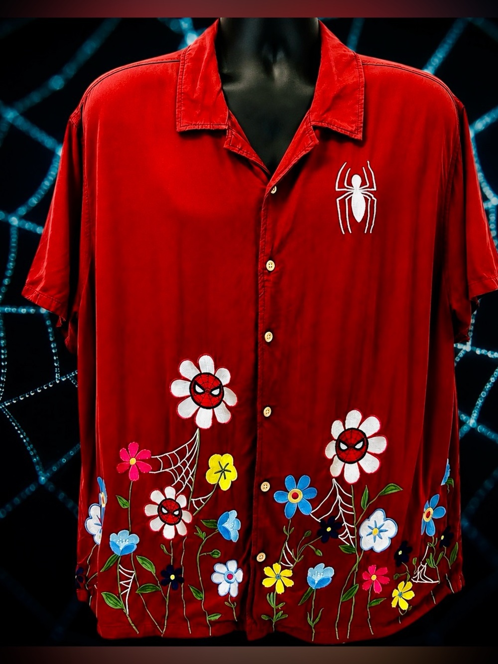 Marvel Spider-Man Floral Camp Shirt BoxLunch Exclusive Rayon Button L Up RARE